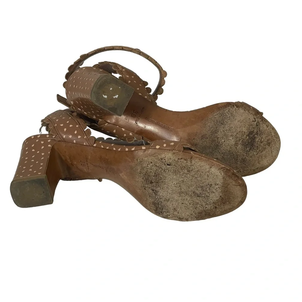 Tabitha Simmons Brown Leather Scalloped Ankle Strap Block Heel Sandal 36 US 5